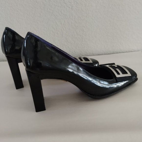 FENDI Silver FF Logo Black Patent Leather Square Toe Heels Vintage New 5.5M - Picture 9 of 12
